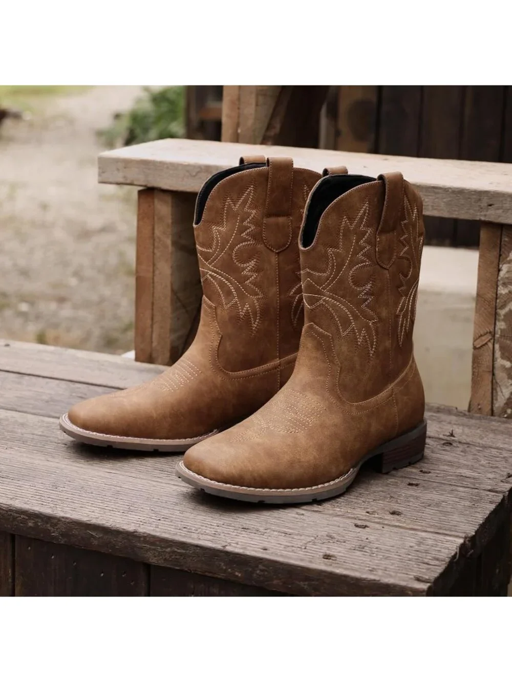 Men's Camel Faux Leather Slip on Square Toe With Classic Embroidered Cowboy Boot